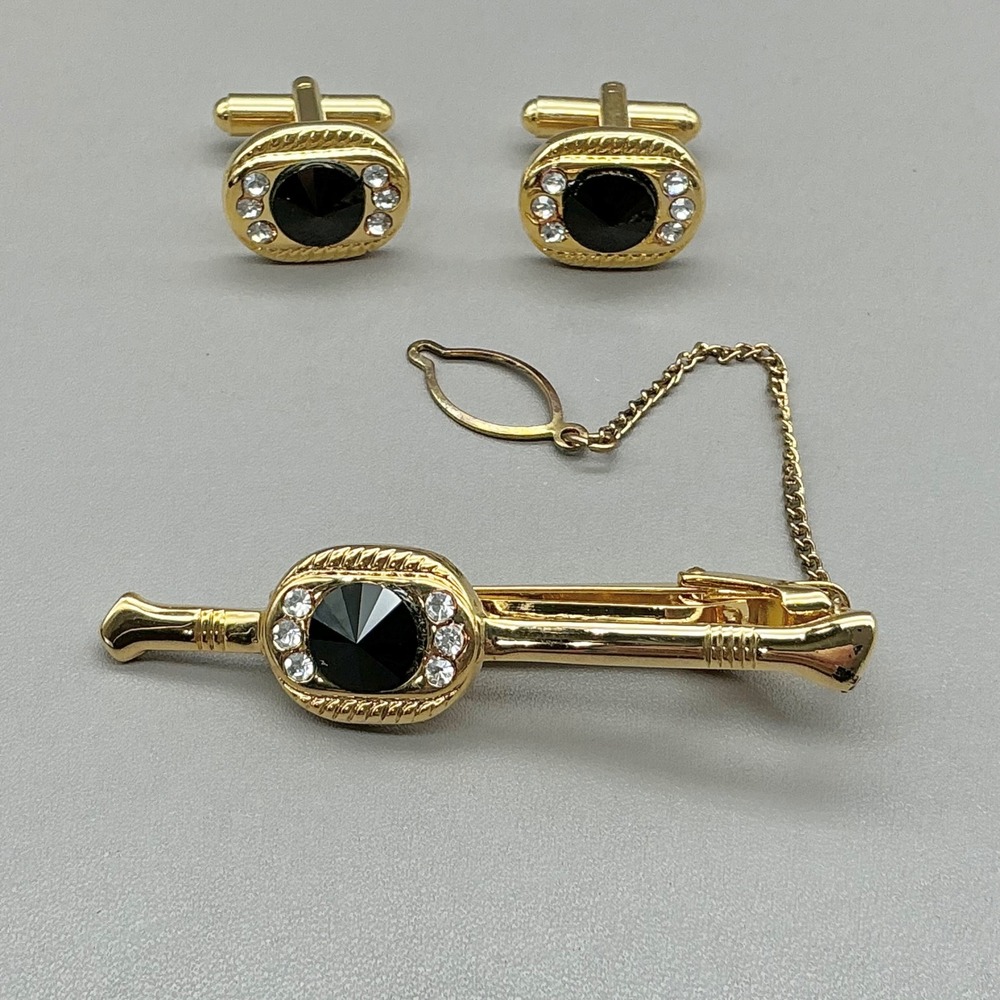 Cuff Links and Tie Clip Set Men Gold Black Faux Onyx Rhinestone Formal Wedding